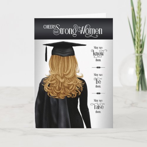 Graduation Black Cap and Gown Long Blonde Hair Card