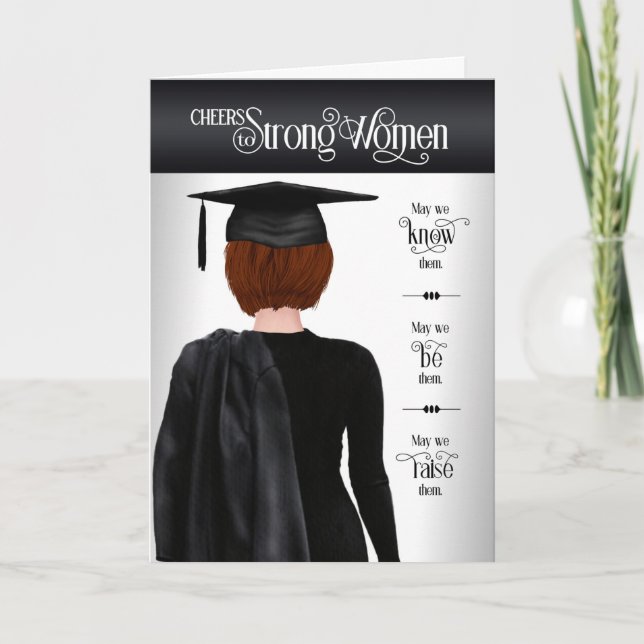 Graduation Black Cap and Gown Short Red Hair Card (Front)