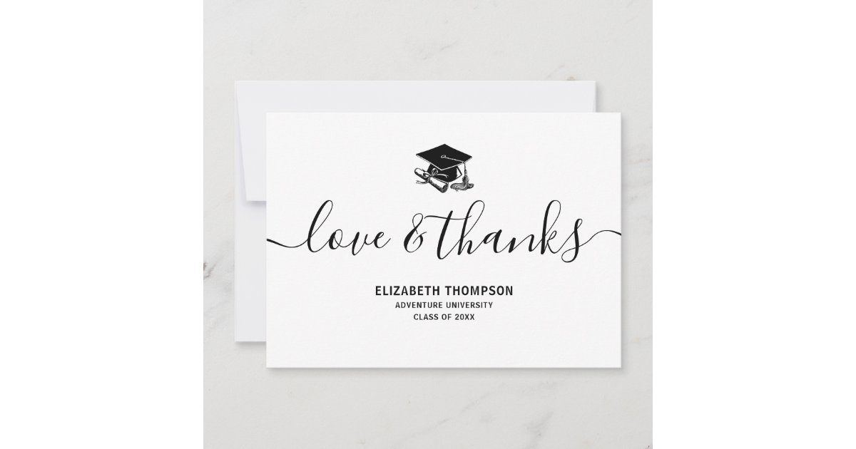 Graduation Black Cap Love & Thanks Modern Script Thank You Card | Zazzle