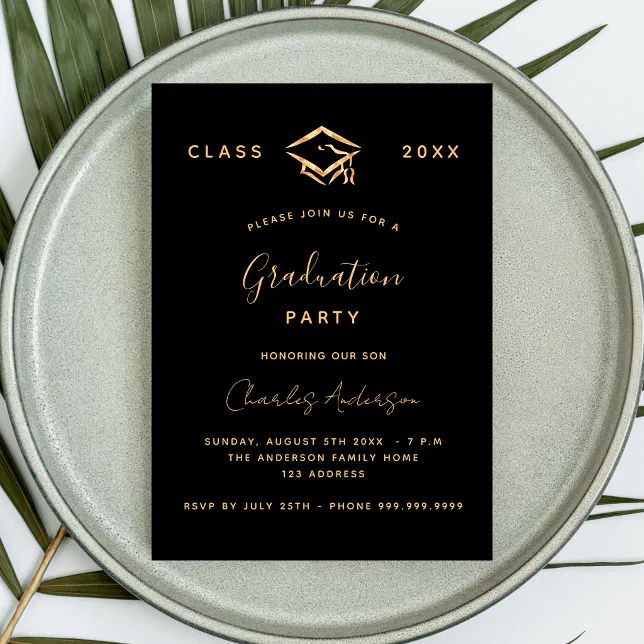 Graduation black gold 2024 minimalist invitation | Zazzle