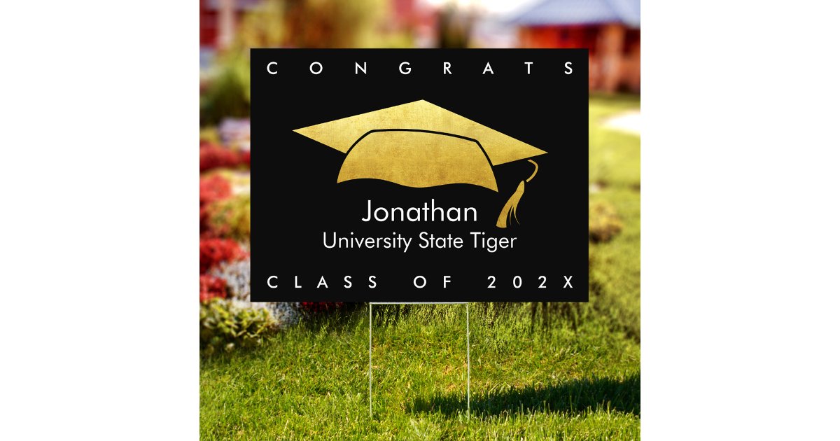 Graduation Black Gold Cap Bold Modern MEDIUM Yard Sign | Zazzle