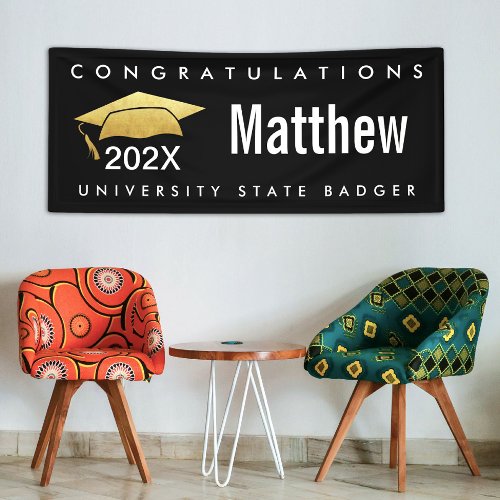 Graduation Black Gold Cap Modern Bold Simple Type Banner