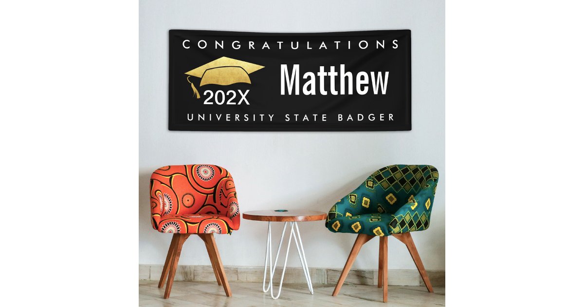 Graduation Black Gold Cap Modern Bold Simple Type Banner | Zazzle
