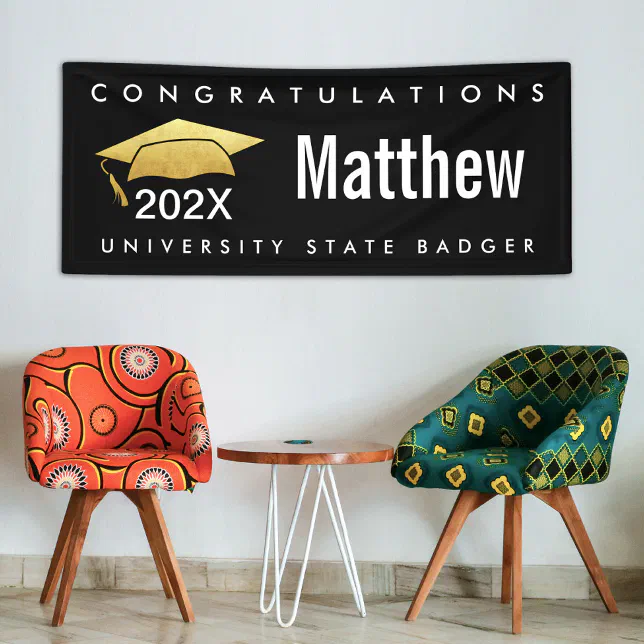 Graduation Black Gold Cap Modern Bold Simple Type Banner | Zazzle