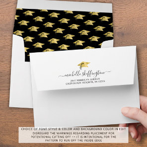 Graduation Black Gold Cap Pattern Return Address Envelope