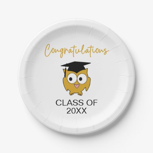 Graduation Black  Gold Class of 20XX Owl Paper Plates