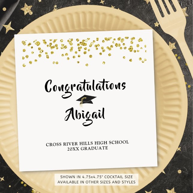 Graduation Black Gold Confetti Brush Script Napkins (Creator Uploaded)