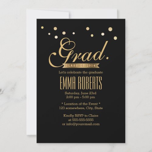 Black &amp; Gold Confetti Dots Graduation Announcement 5" X 7" Invitation C...