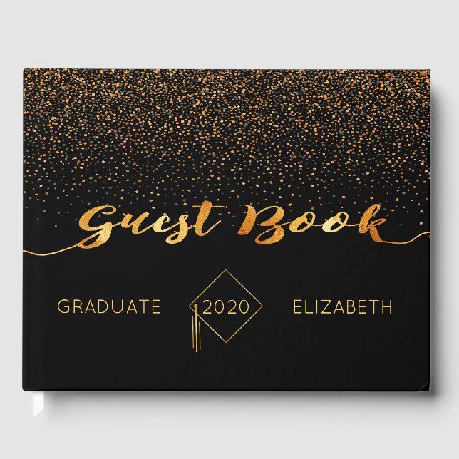 Graduation black gold confetti guest book (Front)