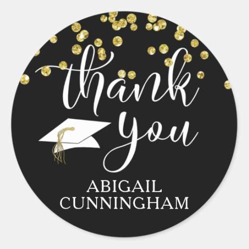 Graduation Black Gold Confetti Script THANK YOU Classic Round Sticker