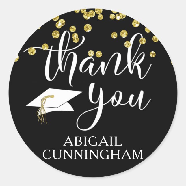 Graduation Black Gold Confetti Script THANK YOU Classic Round Sticker (Front)