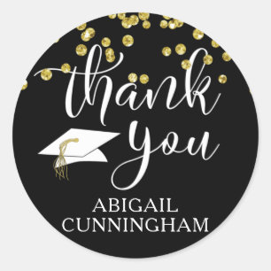 Graduation Black Gold Confetti Script THANK YOU Classic Round Sticker