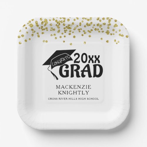 Graduation Black Gold CONGRATS GRAD Confetti Paper Plates