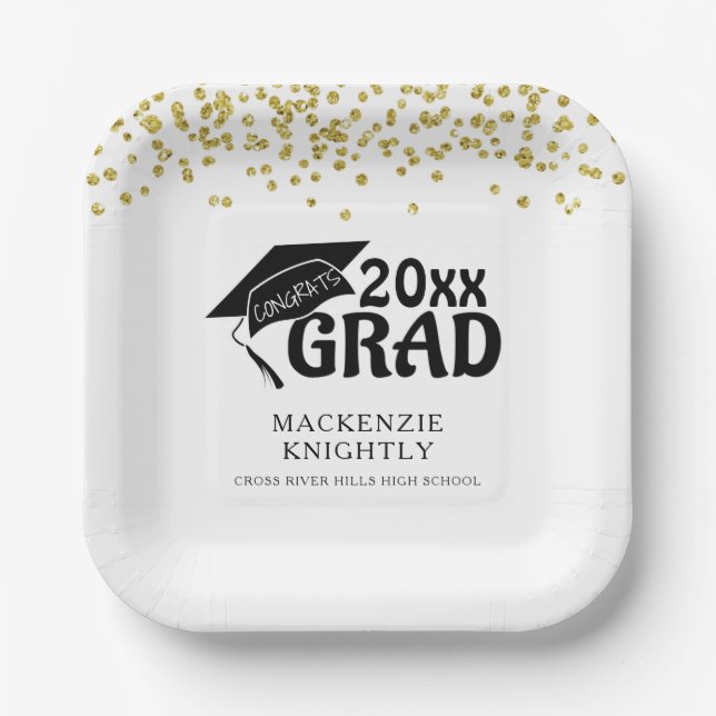Graduation Black Gold CONGRATS GRAD Confetti Paper Plates (Front)
