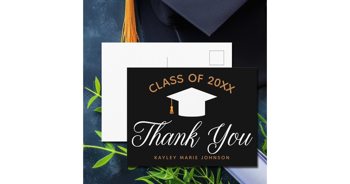 Graduation Black Gold Custom Class Thank You Postcard | Zazzle
