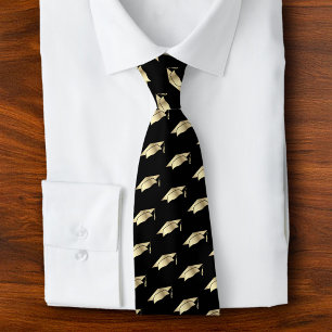 Graduation Black Gold Foil Cap Icon Pattern Bold Neck Tie