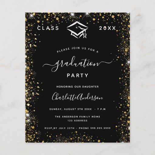 Graduation black gold glitter budget invitation flyer | Zazzle