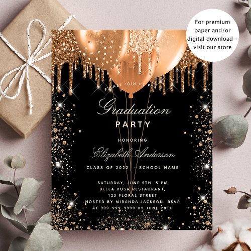 Graduation black gold glitter budget invitation flyer