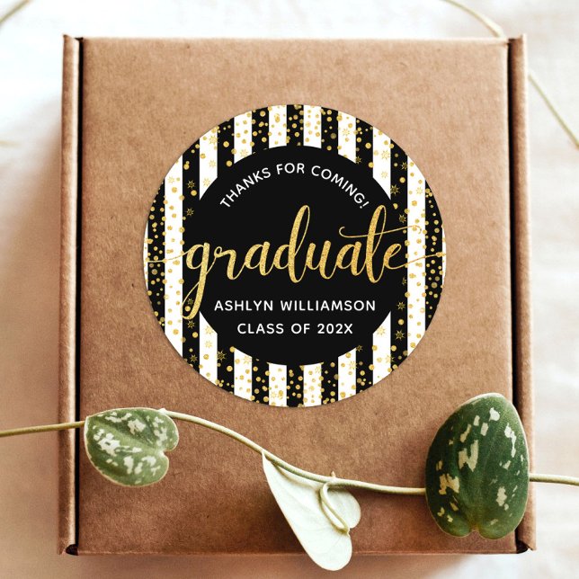 Graduation Black Gold Glitter Confetti Script Name Classic Round Sticker (Creator Uploaded)