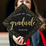 Graduation black gold glitter script dots monogram graduation cap topper<br><div class="desc">Your favorite grad will stand out and make a statement when she wears this graduation cap topper! Let her celebrate her milestone with this stunning, modern, sparkly gold glitter dots and typography script on a black background, tassel topper. Personalize the custom text with your grad’s name and class year. Guaranteed...</div>
