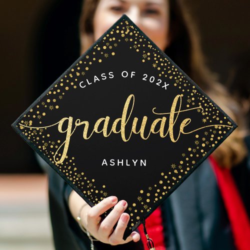 Graduation black gold glitter script dots monogram graduation cap topper