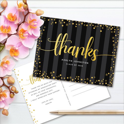 Graduation black gold glitter script thank you postcard