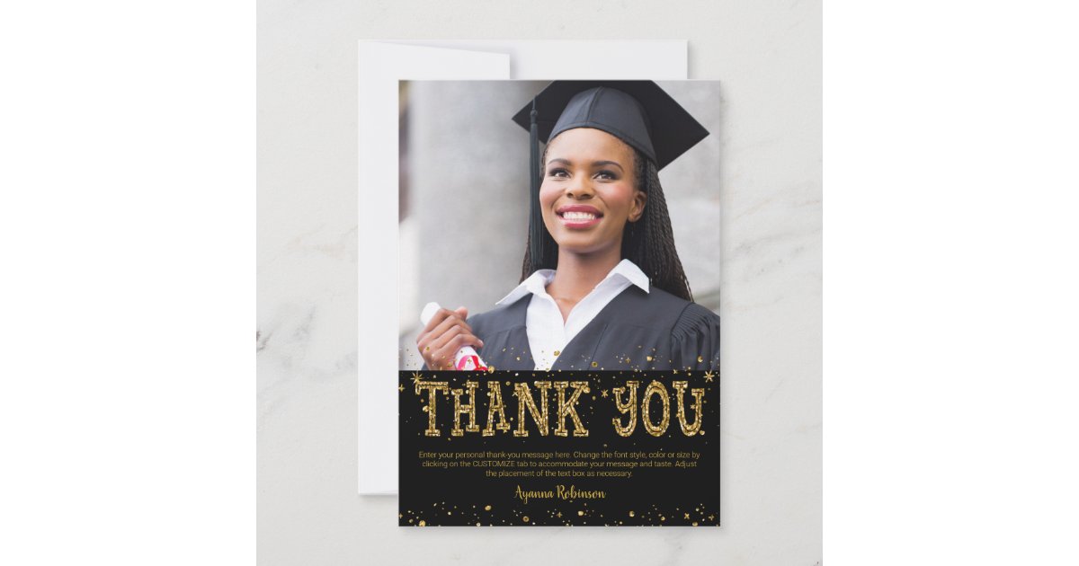 Graduation Black & Gold Glitter THANK YOU | Zazzle