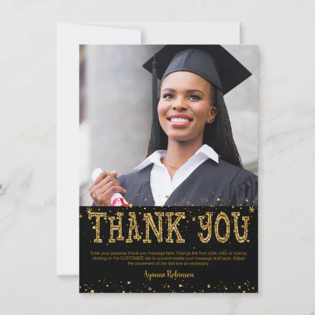 Graduation Black & Gold Glitter THANK YOU | Zazzle