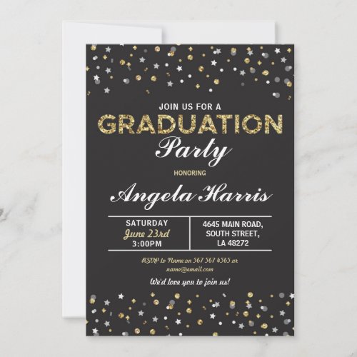 Graduation Black  Gold Invite Stars Confetti