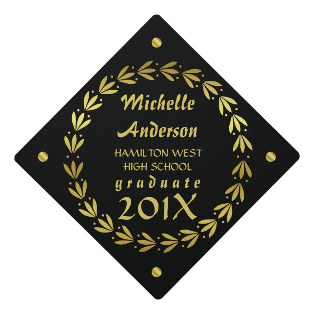 Graduation | Black Gold Laurel Wreath Custom Graduation Cap Topper (Front)