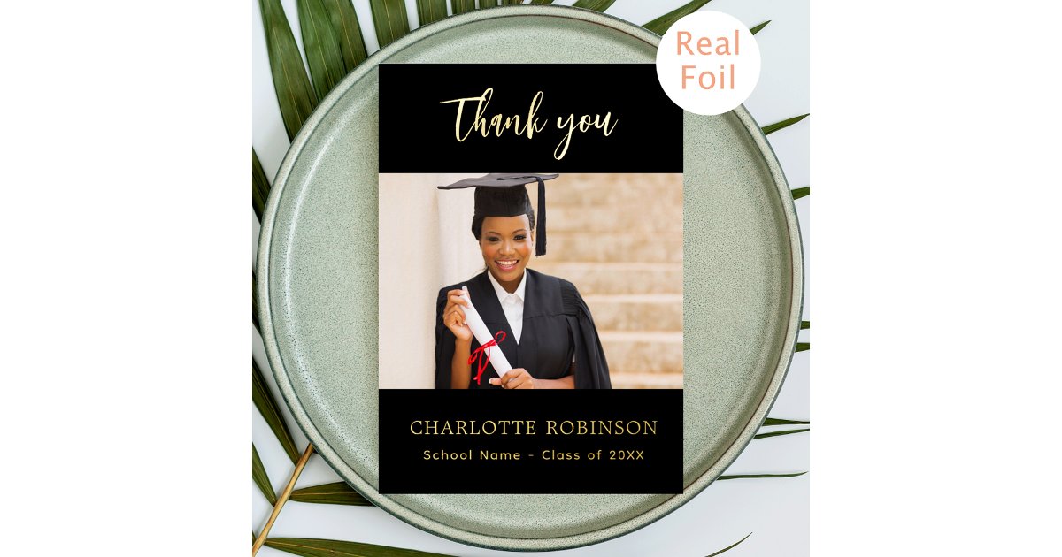 Graduation black gold photo foil thank you card | Zazzle