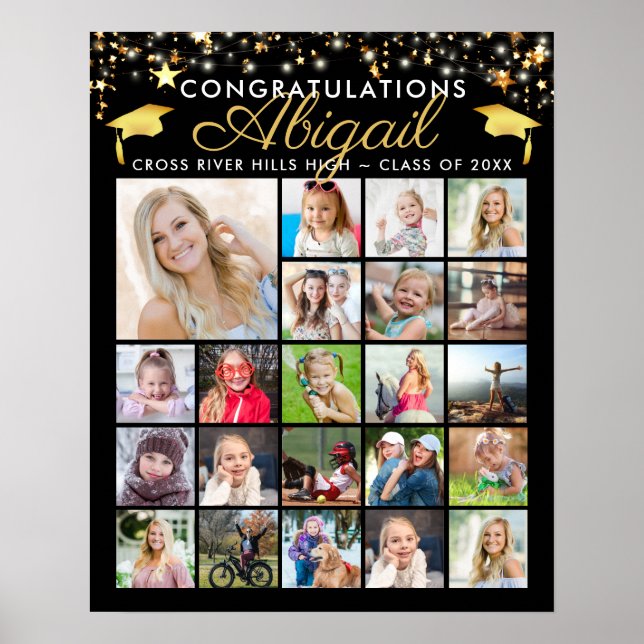 Graduation Black Gold Script 22 Photo Collage Poster (Front)