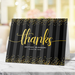 Graduation black gold script calligraphy stripes letterpress thank you card