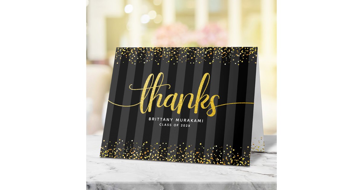 Graduation black gold script calligraphy stripes thank you card | Zazzle