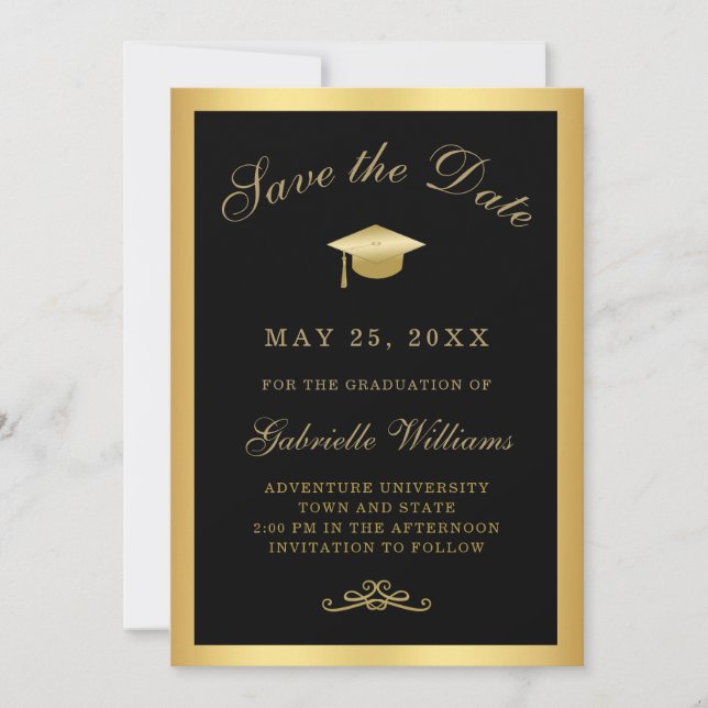 Graduation Black Gold Script Frame Save the Date Announcement (Front)