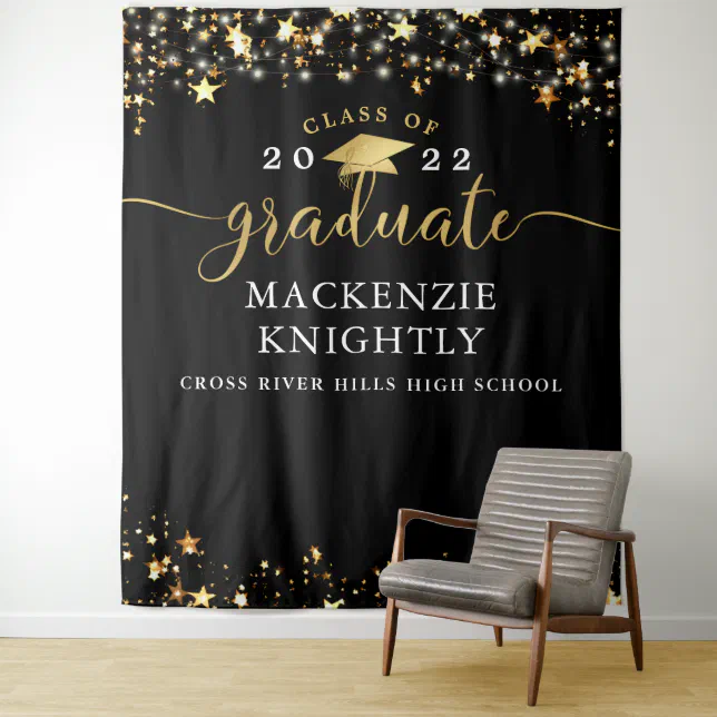 Graduation Black Gold Stars Confetti Lights Script Tapestry | Zazzle