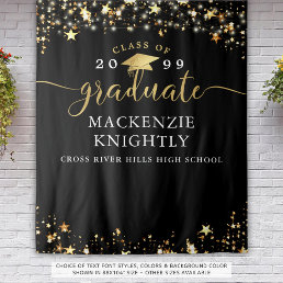 Graduation Black Gold Stars Confetti Lights Script Tapestry