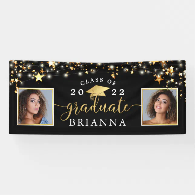Graduation Black Gold Stars Lights Confetti Photo Banner | Zazzle