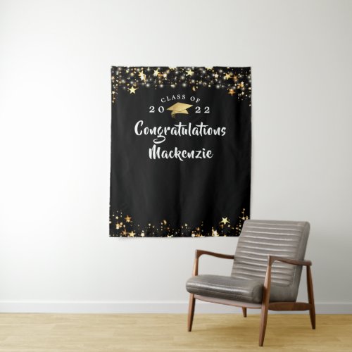 Graduation Black Gold Stars Lights Personalized Tapestry