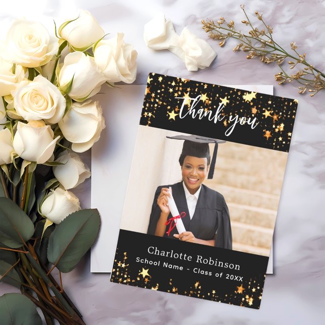 Graduation black gold stars photo thank you card (Creator Uploaded)