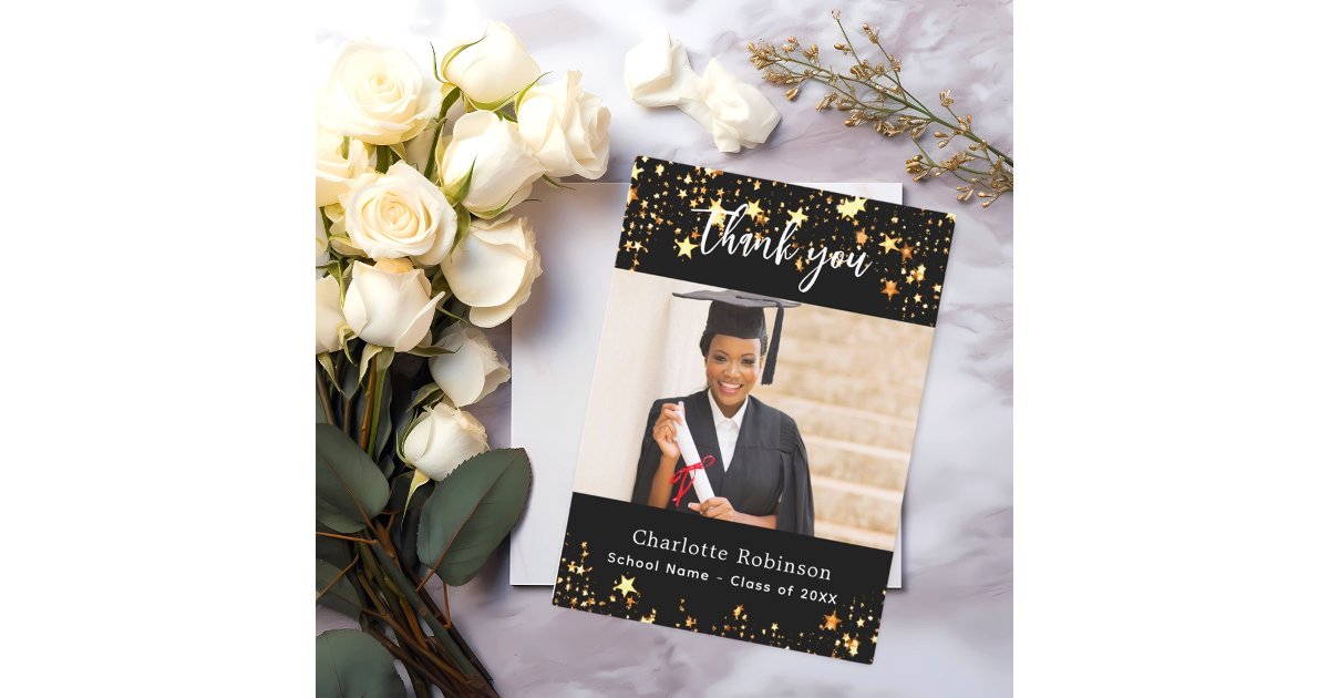Graduation black gold stars photo thank you card | Zazzle