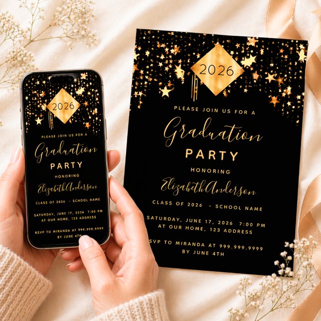 Graduation black gold stars topper invitation (Creator Uploaded)