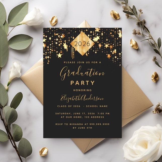 Graduation black gold stars topper invitation (Creator Uploaded)