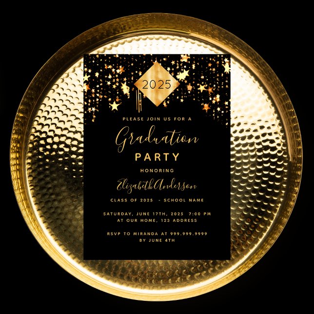 Graduation black gold stars topper invitation (Creator Uploaded)
