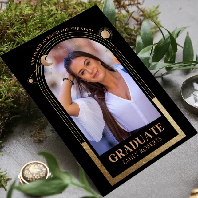 Graduation Black Gold Sun Moon Stars Grad Photo Invitation | Zazzle