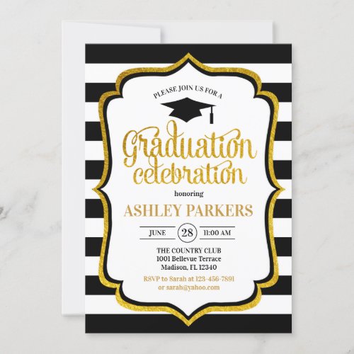 Graduation _ Black Gold White Invitation