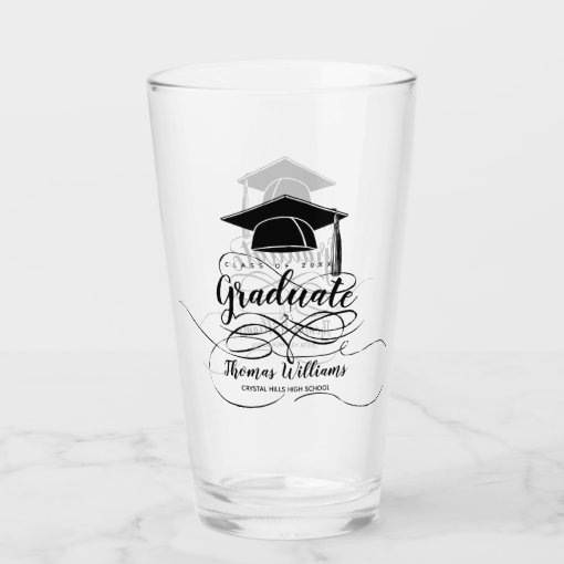 Graduation Black Grad Cap Monogram Name Glass | Zazzle