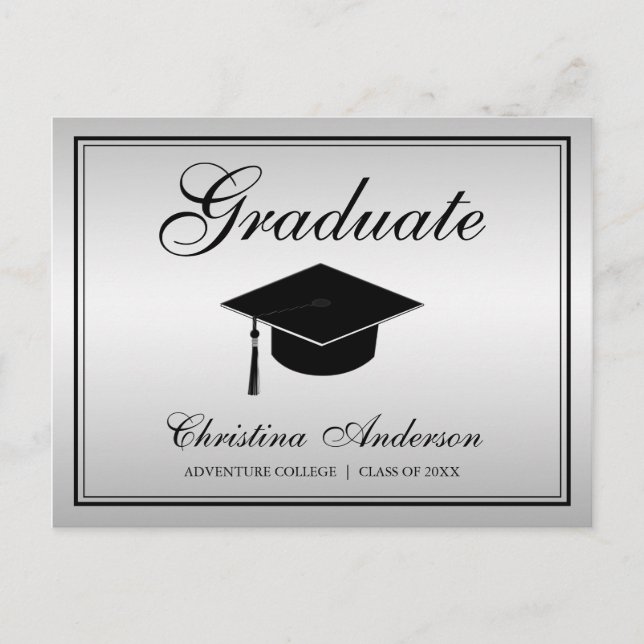 Graduation Black Grad Cap & Script on Silver Party Invitation Postcard (Front)