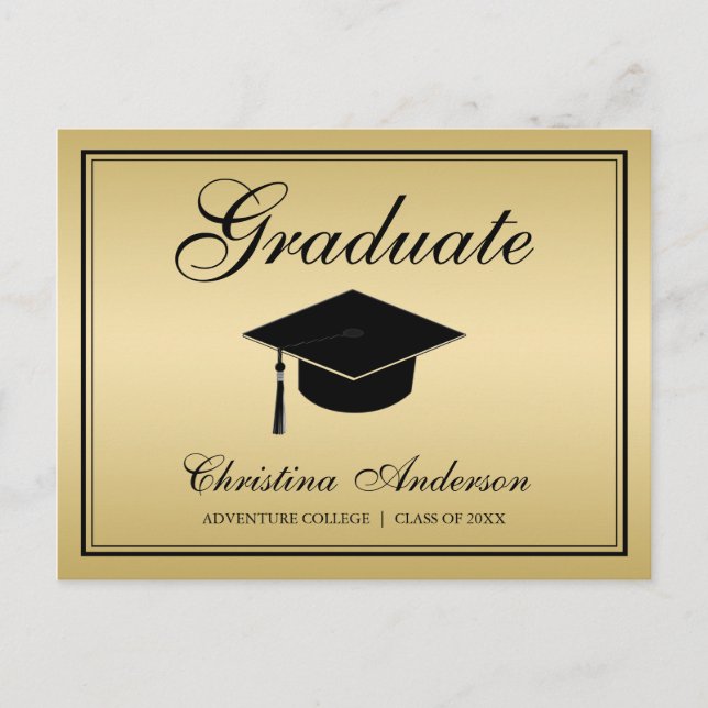 Graduation Black Grad Cap & Script on Silver Party Invitation Postcard (Front)