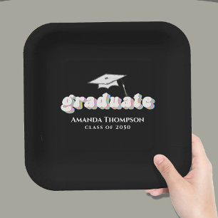 Graduation Black Graduate Retro Typography Simple Paper Plates